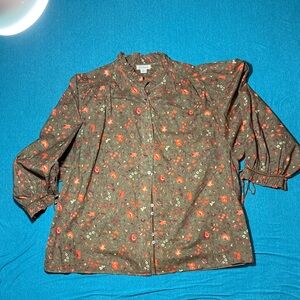 Sundance olive/brown Floral Button-Up with Orange Accents size large